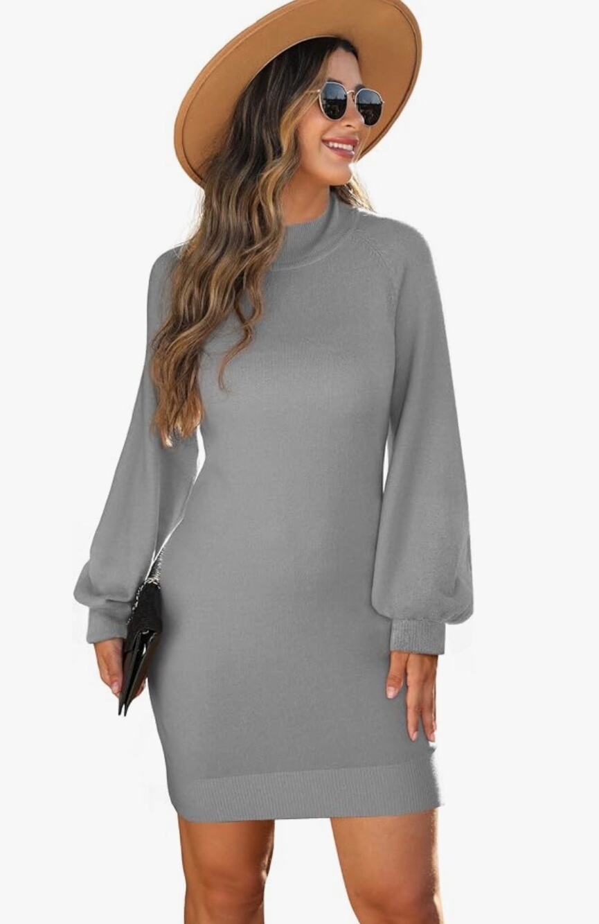 New GRECERELLE Gray Mock Neck Balloon Sleeve Jumper Sweater Dress S FallCore